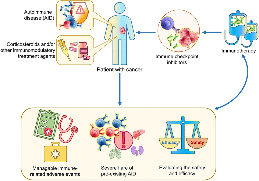 Immunotherapy for treatment of patients with cancer and underlying autoimmune disease (AID). The administration of immunotherapy to patients of our study was associated with manageable adverse events that infrequently required permanent discontinuation of treatment. However, since severe flare of the underlying AID might occur in selected patients, expected efficacy and possible toxicity need to be balanced before treatment administration